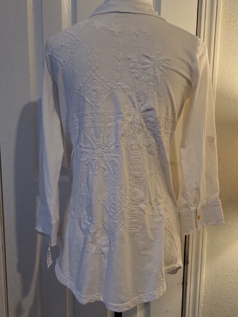Caite "Amara" White Monochromatic Embroidered "Amara" Button-Down Shirt